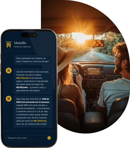 Chat do Monelio respondendo sobre financiar um carro, cruzando o dado de um investimento vencendo para propor um caminho mais barato